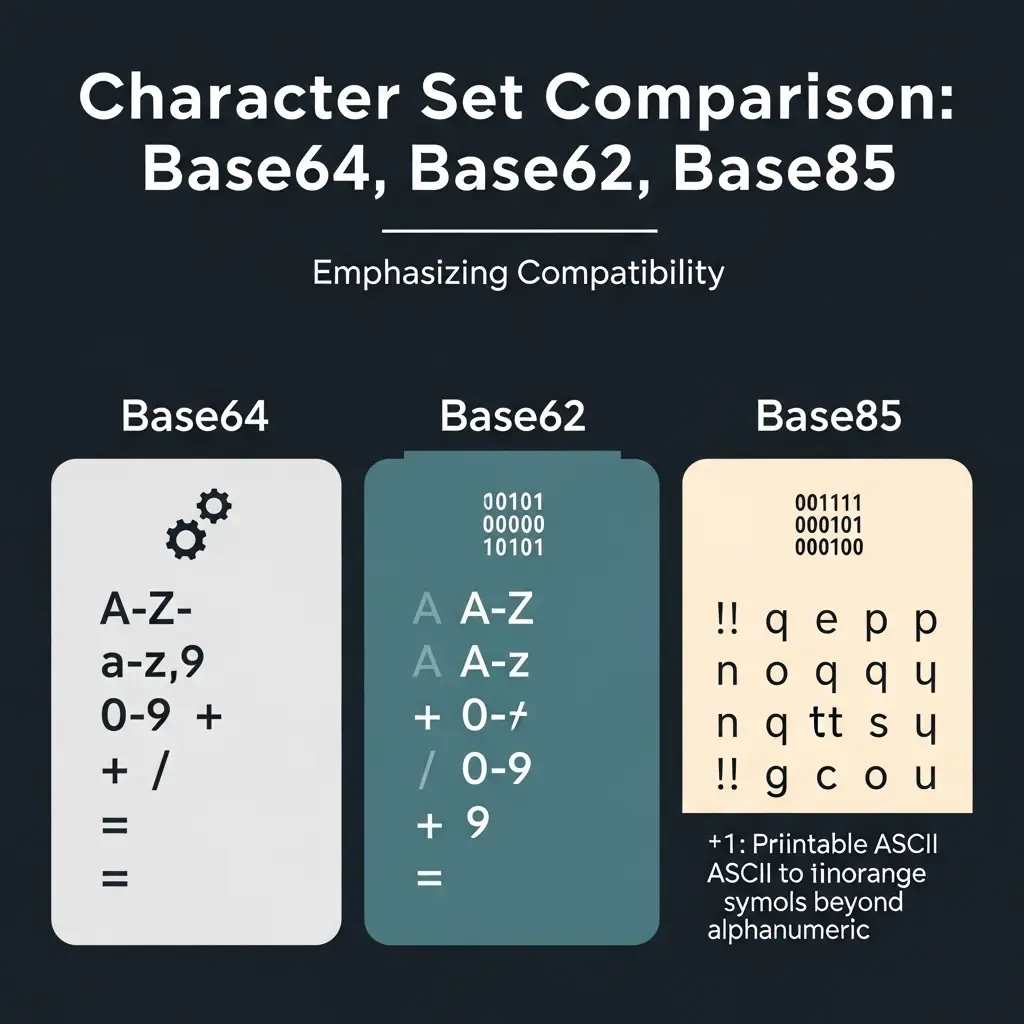 Comparison of Base64, Base62, and base64 vs base85 character sets and length efficiency.