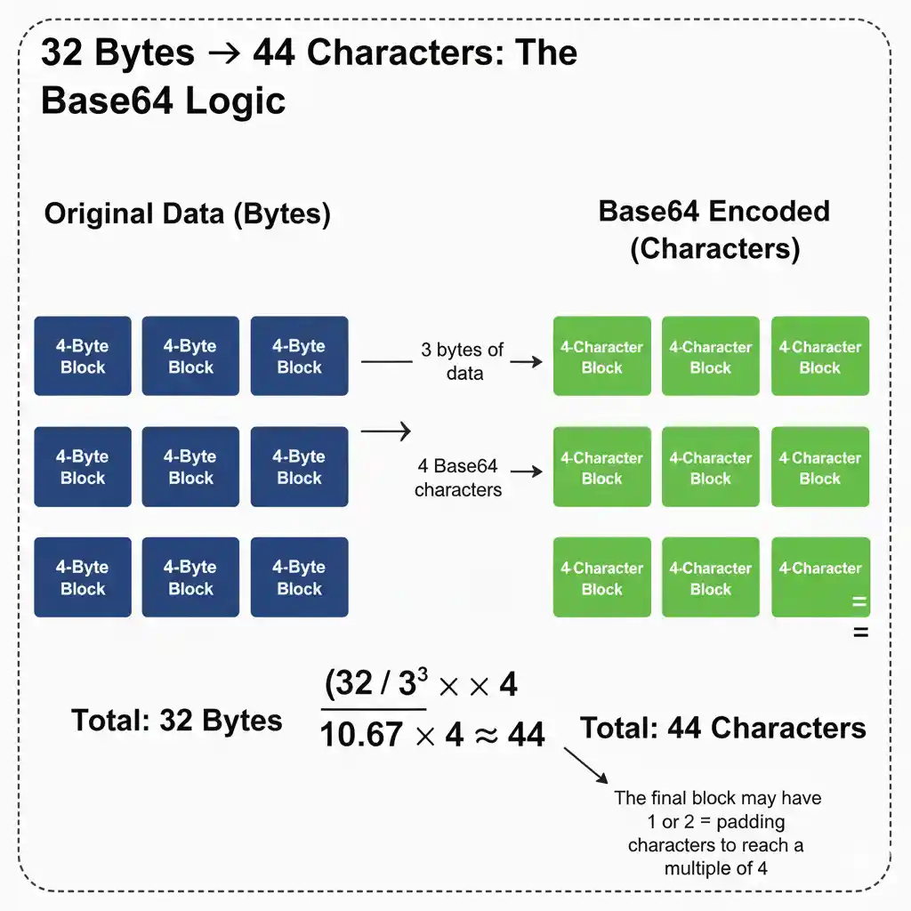 Conceptual diagram explaining the logic of why openssl rand -base64 32 results in a 44-character string.