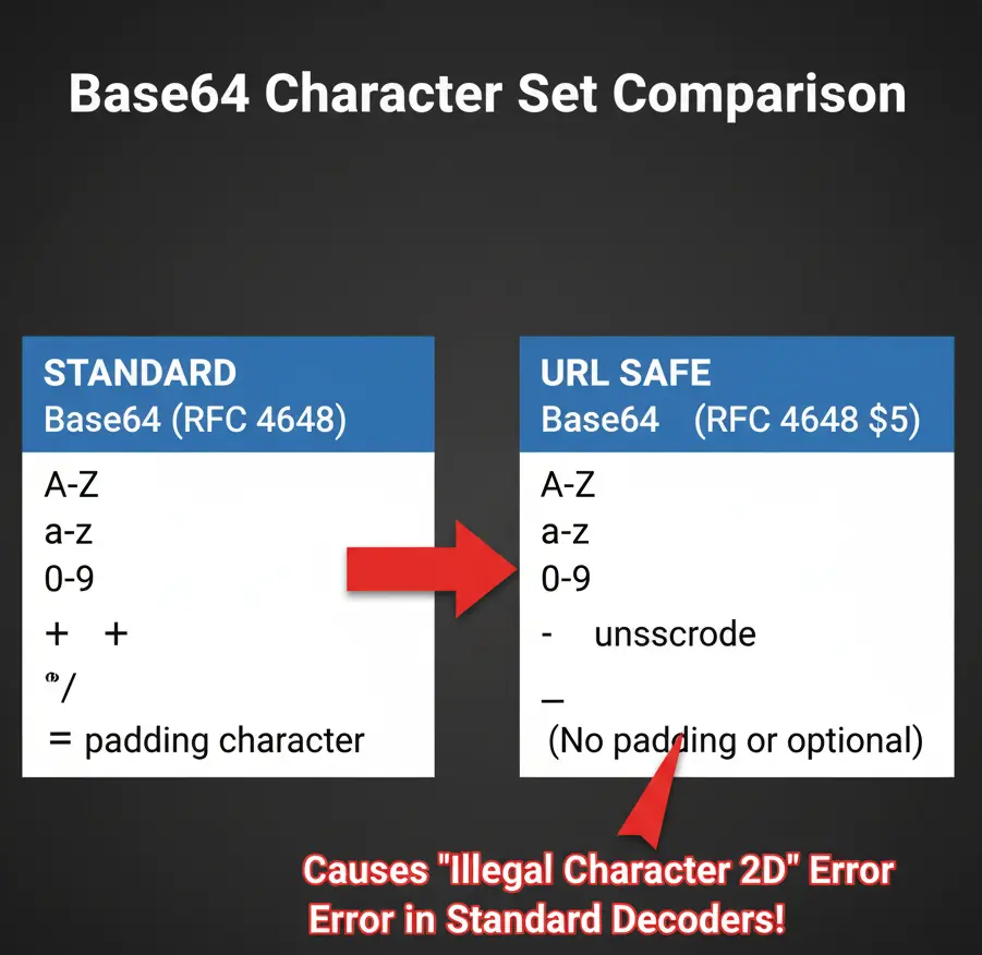 Comparison of Base64 Standard vs. URL Safe character sets, highlighting the cause of illegal base64 character 2d errors.