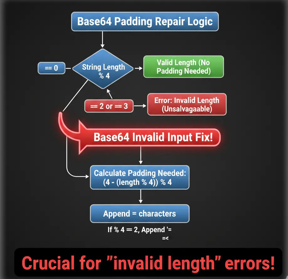 Diagram illustrating the programmatic repair of Base64 padding errors when the length is not a multiple of four.