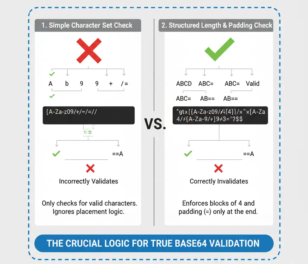 Diagram illustrating the difference between a simple character check and a length/padding check in Base64 regex.