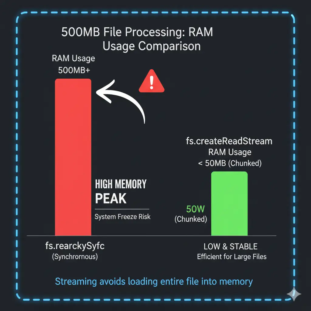 Chart illustrating memory usage comparing Node.js Buffer Base64 streams against synchronous file reading.
