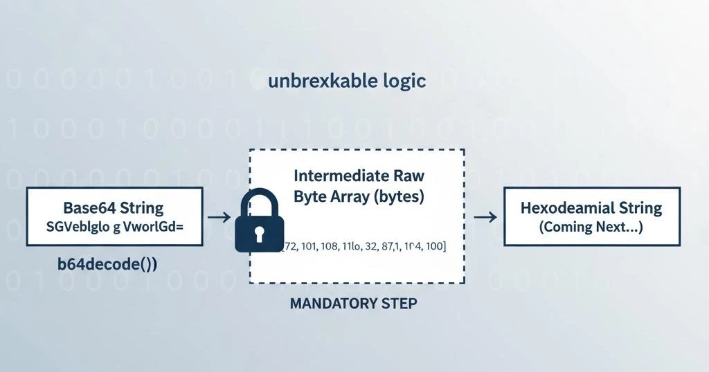 Flowchart detailing the mandatory first step: Base64 to bytes, a prerequisite for base64 to hex conversion.