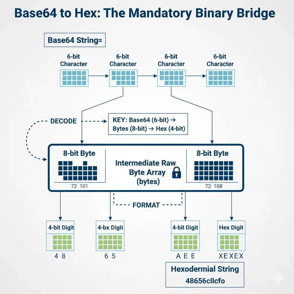 Bit-level visualization of the 6-bit (Base64) to 8-bit (Byte) to 4-bit (Hex) process, clarifying the logic of base64 to hexadecimal.