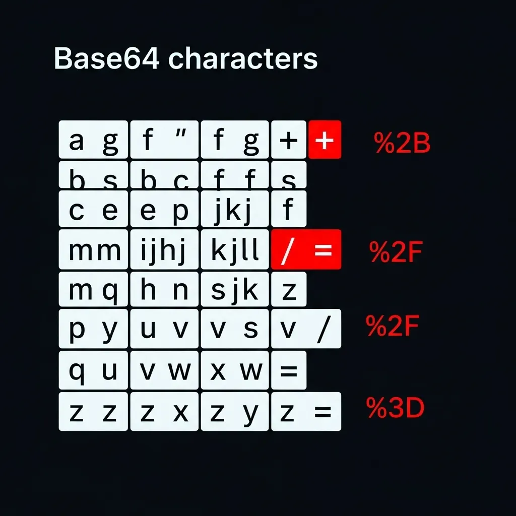 Visual representation of the problematic Base64 character set elements.