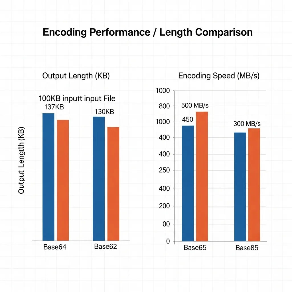 Benchmark chart showing the encoding speed of Base62 vs Base64 vs Base85.