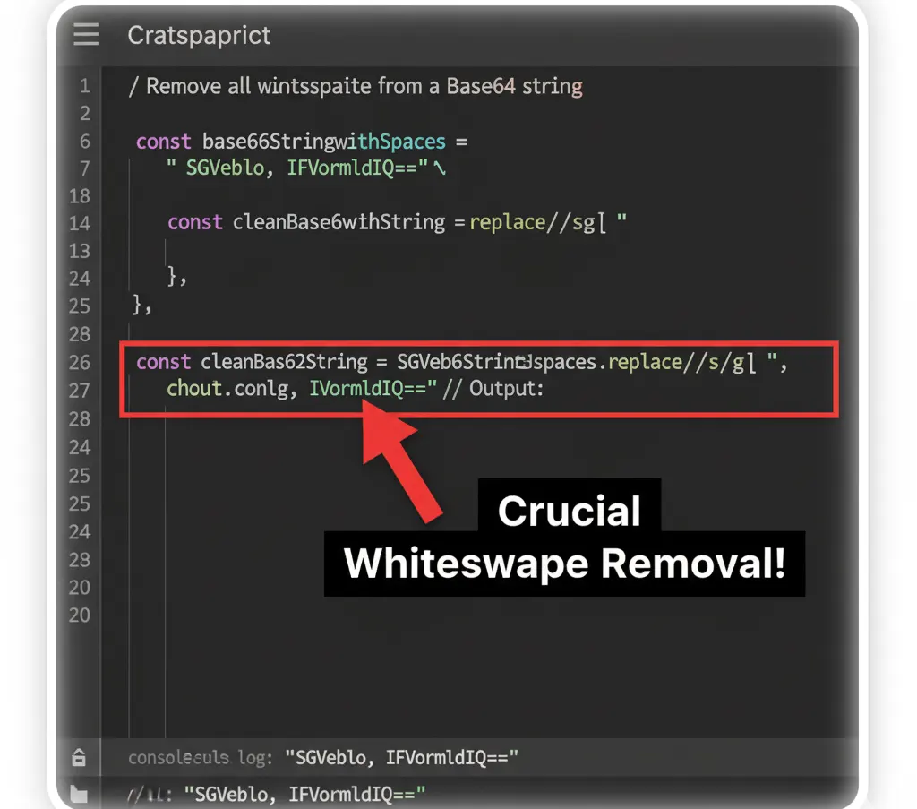 Code snippet demonstrating the use of regex or built-in functions to remove common whitespace that causes base64 invalid input errors.