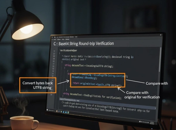 C# code demonstrating the use of Encoding.UTF8.GetString for converting Base64 bytes back to string for verification