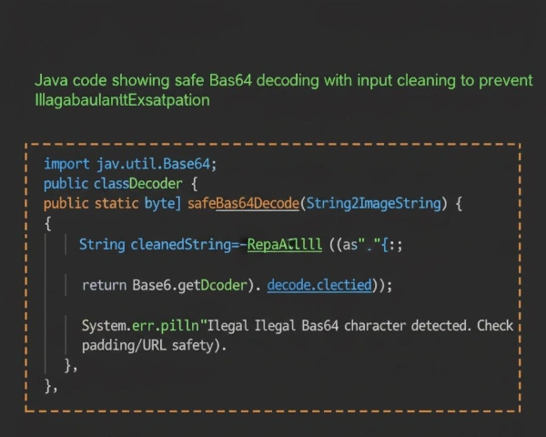 Java code snippet demonstrating the robust java base64 decode string method using Base64.getDecoder() and whitespace  removal.