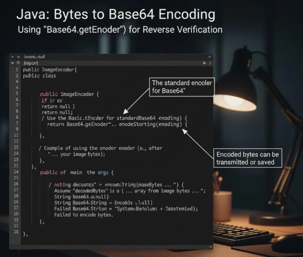 Java code showing Base64.getEncoder() for encoding image bytes back to Base64 string for verification
