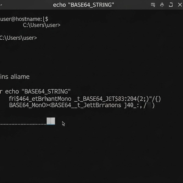 Terminal screenshot demonstrating the base64 decode to file command on a Linux system.