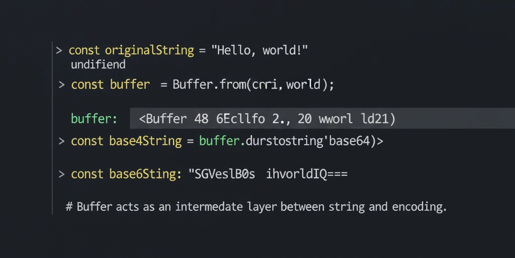 Code snippet demonstrating simple string nodejs base64 encode using the Buffer API.