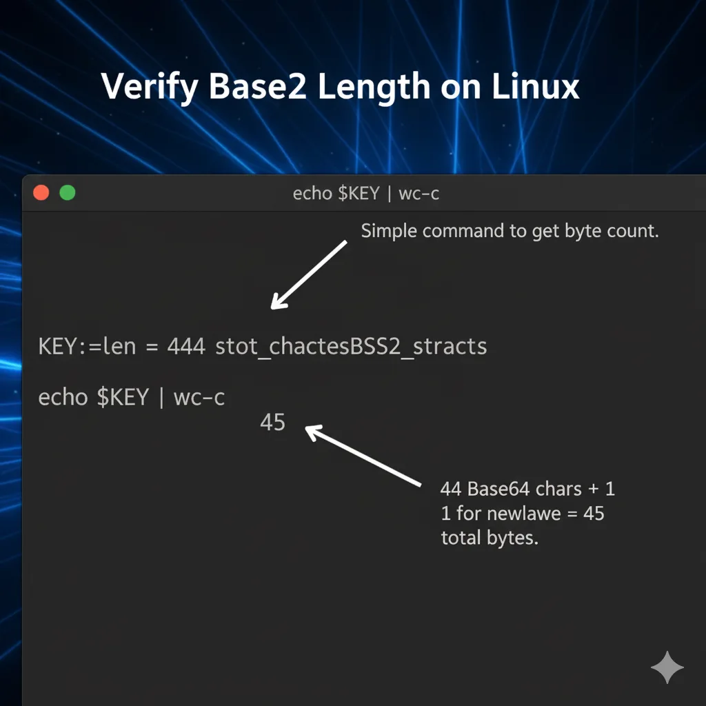 Terminal command sequence showing the verification of a Base64 key using openssl base64 -d and wc -c.