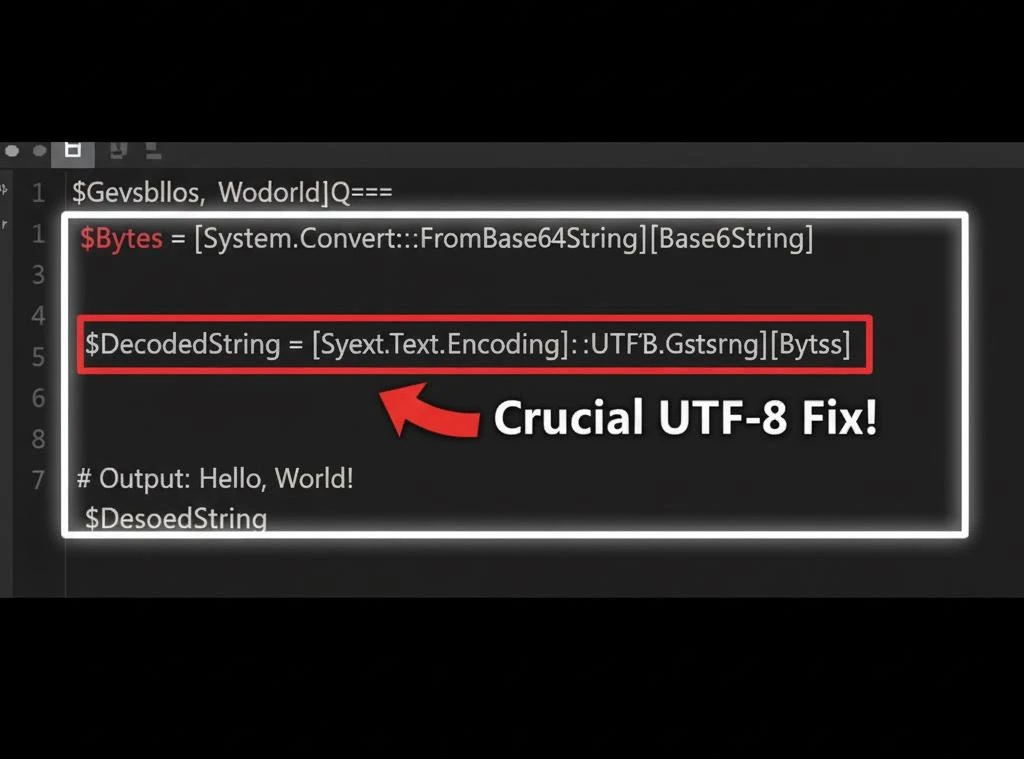 PowerShell terminal showing the command for Base64 decoding a string with explicit UTF8 conversion.