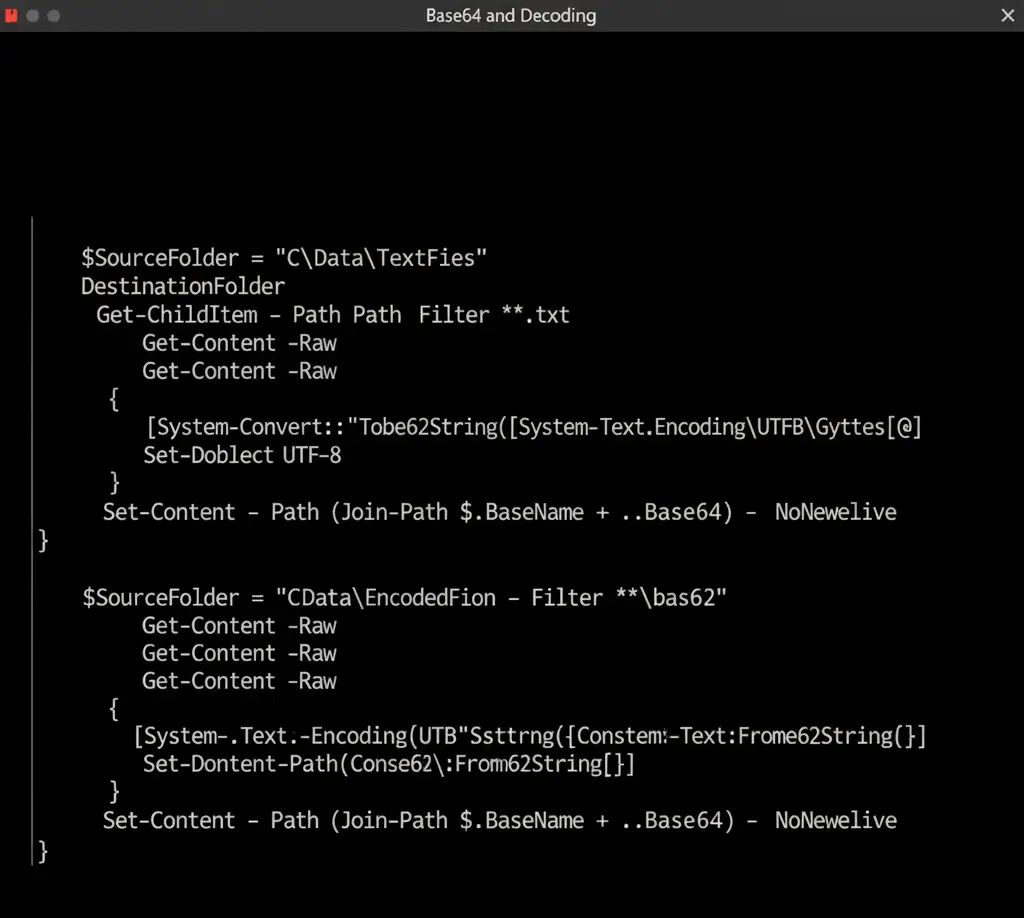 PowerShell terminal screenshot showing how to perform base64 encode and decode of a binary file using Get-Content and Set-Content.